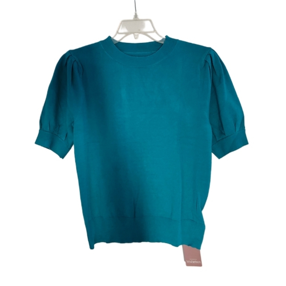 NWT YesFashion Women's M Stylish Puff- Short-Sleeve Knit Top  Lightweight Teal
